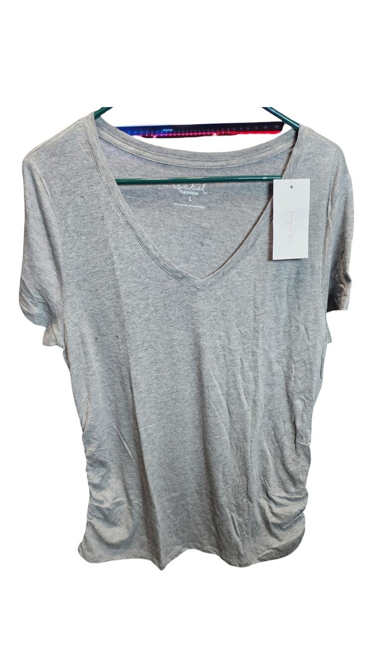 Isabel Maternity Gray Short Sleeve V-Neck Side Shirred T-Shirt Tee Size L NWT